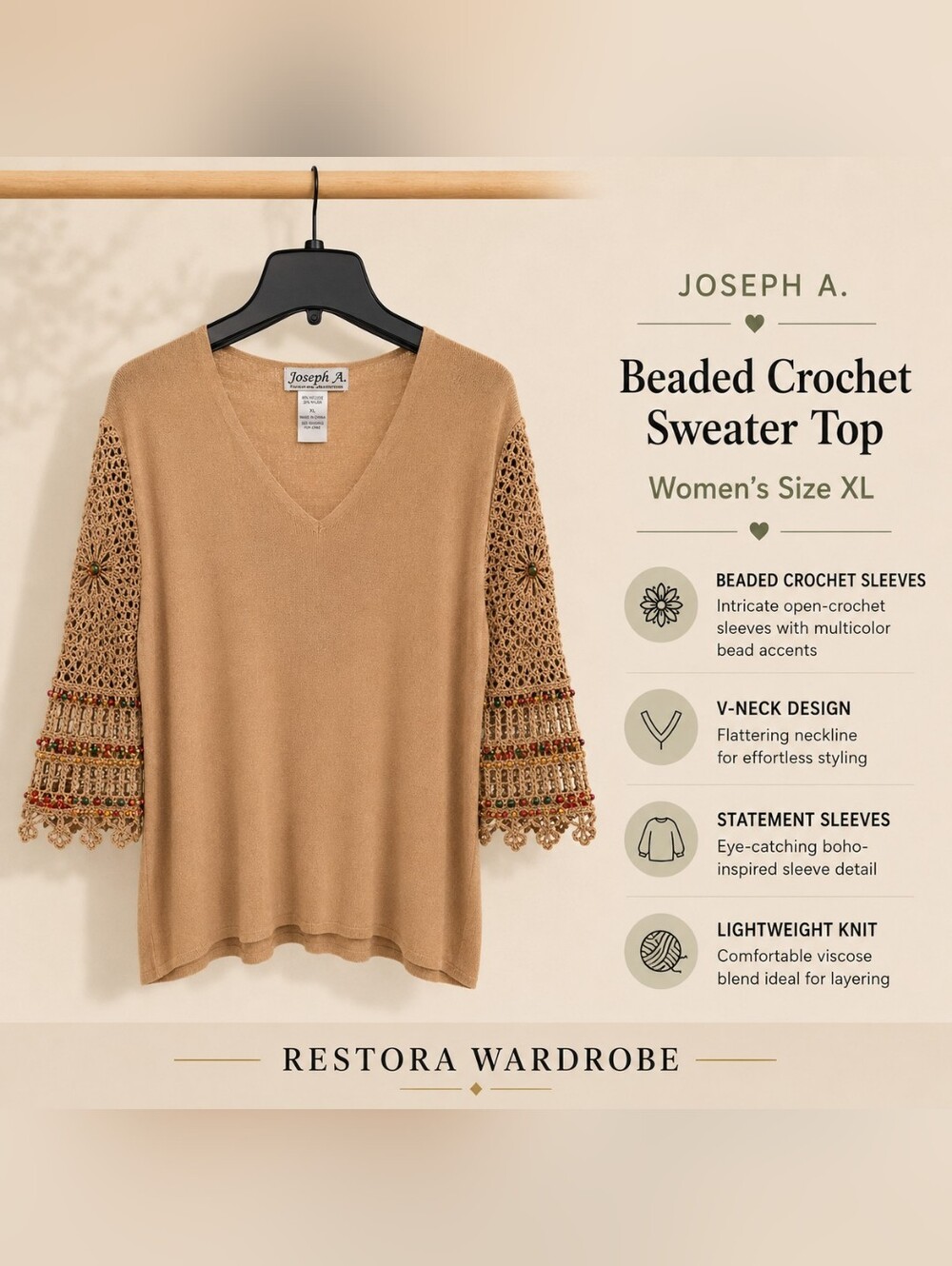 Joseph A XL Beaded Crochet 3/4 Sleeve V-Neck Knit Sweater Top